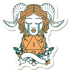 sticker of a crying tiefling with natural one D20 roll