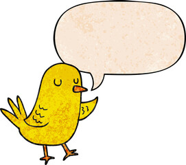 cartoon bird with speech bubble in retro texture style