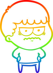 rainbow gradient line drawing of a cartoon annoyed man