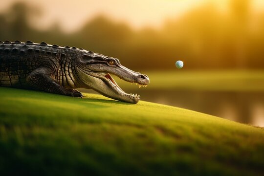 Image of a crocodile playing golf on a green field during sunset. Generative AI