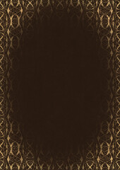 Dark brown textured paper with vignette of golden hand-drawn pattern with golden glittery splatter. Copy space. Digital artwork, A4. (pattern: p10-4f)