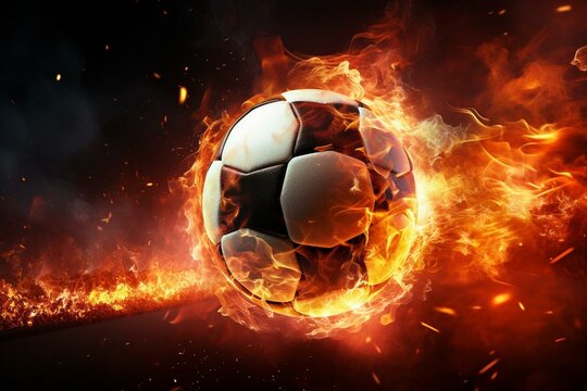 Fiery soccer ball dashes across stadium. Generative AI © Osiris