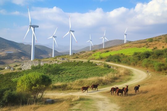 Peaceful wind farms scenery. Generative AI