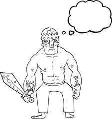 freehand drawn thought bubble cartoon warrior with sword