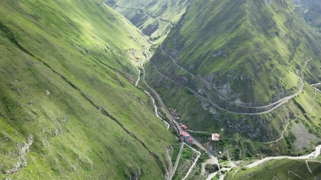 Aerial of Nariz del Diablo, devil&rsquo;s nose, a famous railroad track in the andes of Ecuador, so steep, it has to zig zag up the mountains with reversing into dead ends, South America
