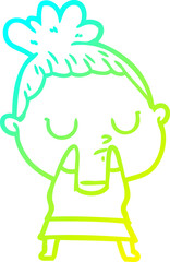 cold gradient line drawing of a cartoon calm woman
