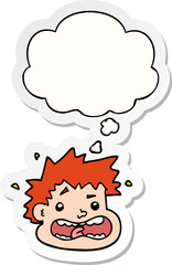 cartoon frightened face with thought bubble as a printed sticker
