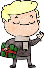 cartoon man carrying christmas present waving