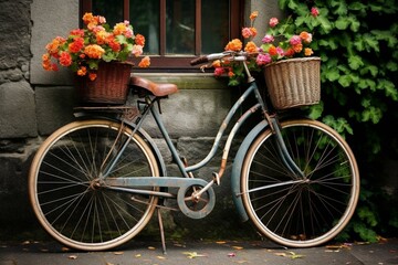 Fototapeta na wymiar an old bicycle with a basket brimming with colorful flowers and green leaves. Generative AI