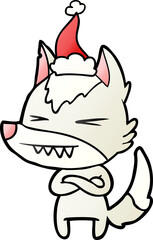 angry wolf hand drawn gradient cartoon of a wearing santa hat