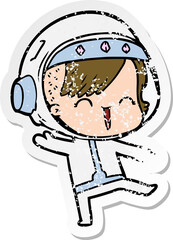 distressed sticker of a happy cartoon space girl