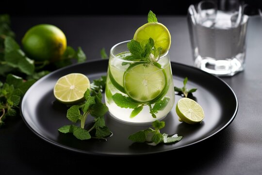 image of a refreshing lime and mint beverage on a fashionable plate made using modern methods. Generative AI