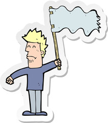 sticker of a cartoon unhappy man waving flag
