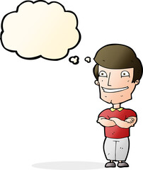 cartoon grinning man with thought bubble