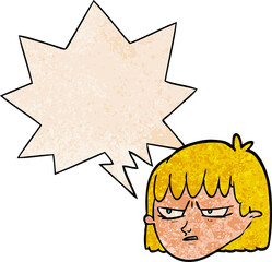 cartoon angry woman with speech bubble in retro texture style