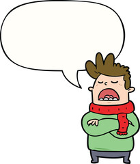 cartoon obnoxious man in winter clothes with speech bubble