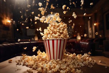 Flying popcorn from in paper striped bucket in blurred cinema hall background - obrazy, fototapety, plakaty