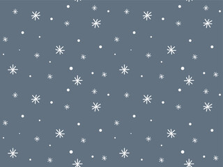 Seamless pattern of white snowflakes on a gray background. Doodle hand drawn snow background. Winter holiday illustration. Design element