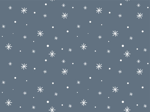 Seamless pattern of white snowflakes on a gray background. Doodle hand drawn snow background. Winter holiday illustration. Design element