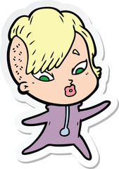 sticker of a cartoon surprised girl in science fiction clothes