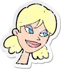 retro distressed sticker of a cartoon happy female face