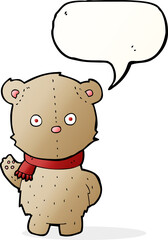 cartoon teddy bear wearing scarf with speech bubble