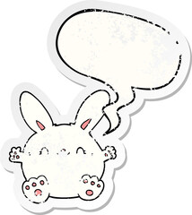 cute cartoon rabbit with speech bubble distressed distressed old sticker