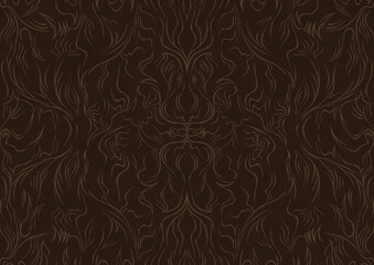 Hand-drawn unique abstract symmetrical seamless ornament. Light semi transparent brown on a dark brown background. Paper texture. Digital artwork, A4. (pattern: p11-1a)
