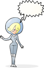 cartoon space woman with speech bubble