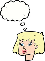 cartoon pretty female face with thought bubble