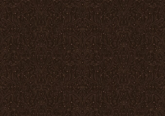 Fototapeta premium Hand-drawn unique abstract symmetrical seamless ornament. Light semi transparent brown on a dark brown background. Paper texture. Digital artwork, A4. (pattern: p11-2b)