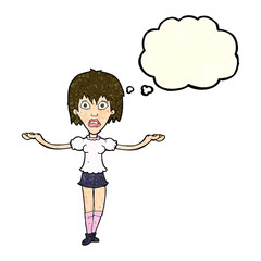 cartoon woman shrugging shoulders with thought bubble