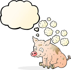 cartoon smelly pig with thought bubble