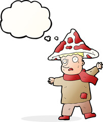 cartoon magical mushroom man with thought bubble