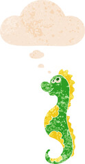 cartoon sea horse with thought bubble in grunge distressed retro textured style