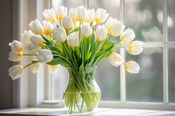 Fresh white tulips in a vase by a window in a bedroom. Beautiful tulips in a clear glass vase with water. Art composition of fresh tulips in a beautiful glass vase. Generative AI