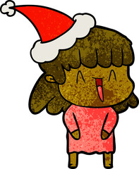 hand drawn textured cartoon of a woman wearing santa hat