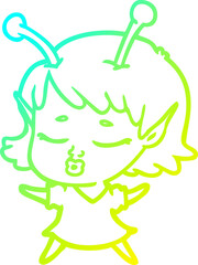cold gradient line drawing of a cute alien girl cartoon