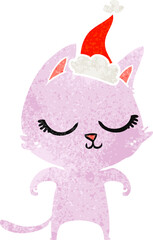 calm hand drawn retro cartoon of a cat wearing santa hat