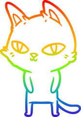 rainbow gradient line drawing of a cartoon cat with bright eyes