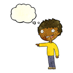 cartoon happy boy laughing with thought bubble