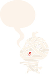 cute cartoon halloween mummy with speech bubble in retro style