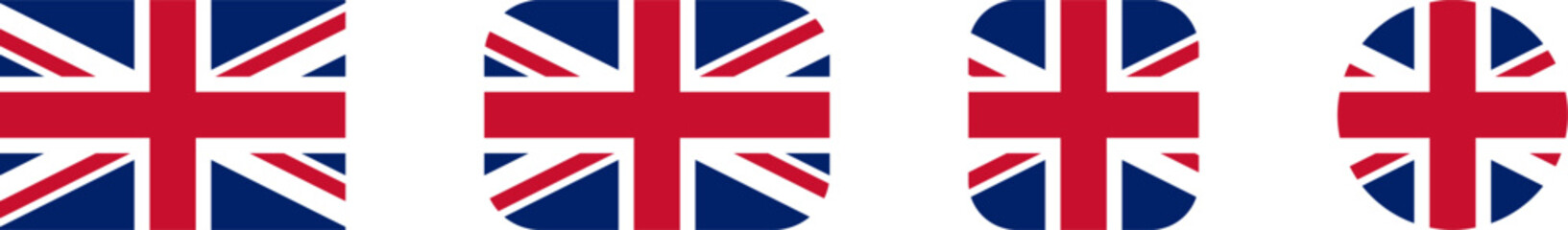 Obraz premium United Kingdom UK Union Jack Flag Set with Rectangle and Square with Rounded Corners and Round Circle Flag Icon Set. Vector Image.