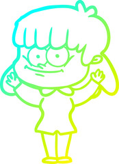 cold gradient line drawing of a cartoon smiling woman