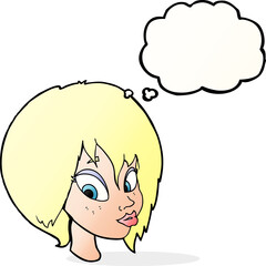 cartoon pretty female face pouting with thought bubble
