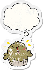 cute cartoon pie with thought bubble as a distressed worn sticker