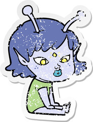 distressed sticker of a pretty cartoon alien girl