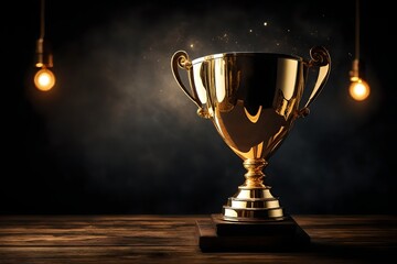 gold trophy cup on black background with hanging lights  - Powered by Adobe