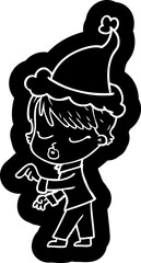 quirky cartoon icon of a woman with eyes shut wearing santa hat