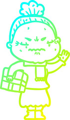cold gradient line drawing of a cartoon annoyed old lady